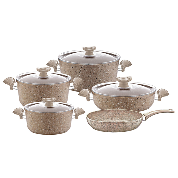OMS Cookstone Granite 2.8mm Cookware Set Of 9 pcs (Glass Lids) Light Brown